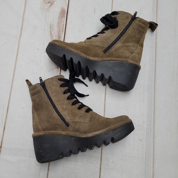 Fly London Biaz329fly suede wedge combat boots green moto platform - Picture 3 of 9